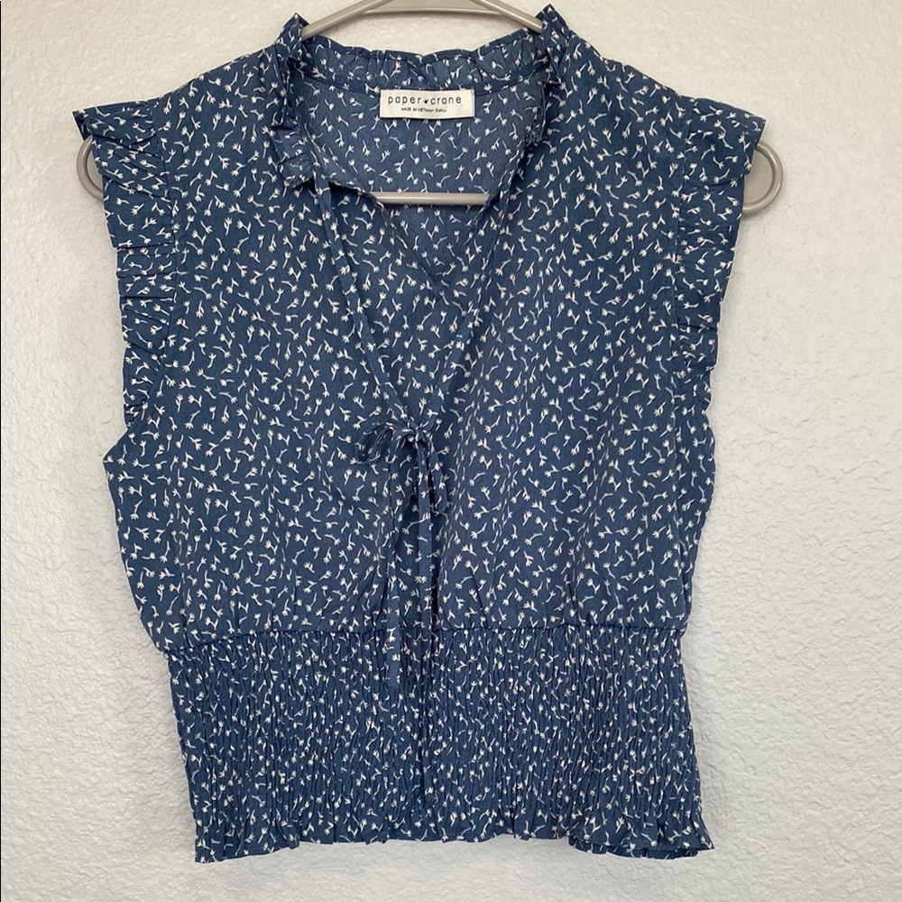 Paper Crane Blue Sleeveless Blouse with Tie Front